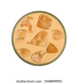 Close Up One Big Glass Of Coffee With Milk And Ice Cubes Isolated On White Background, Elevated Top View, Directly Above