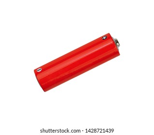 Close Up One Blank Vivid Red Alkaline AA Battery With Copy Space Isolated On White Background