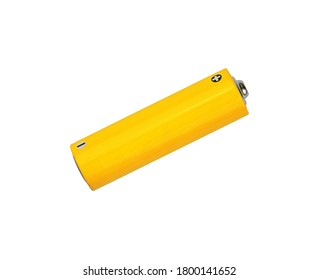 Close Up One Blank Vivid Yellow Alkaline AA Battery With Copy Space Isolated On White Background