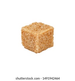 Close Up One Brown Demerara Sugar Cube Isolated On White Background, Side View