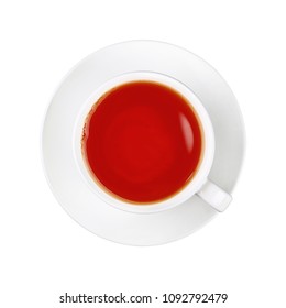 Close Up One Full White Cup Of Black Red Tea On Saucer Isolated On White Background, Elevated Top View, Directly Above