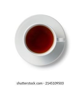 Close Up One Full White Cup Of Black Red Tea On Saucer Isolated On White Background, Elevated Top View, Directly Above