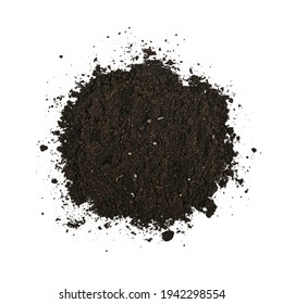 Close Up One Heap Of Black Humus Soil Isolated Over White Background, Elevated Top View, Directly Above