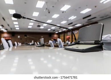 Close Up One Microphone In Conference Room And Voice In Room For Background