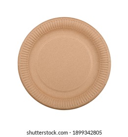 Close Up One Round Disposable Brown Paper Plate Isolated On White Background, Elevated Top View, Directly Above