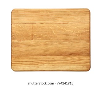 Close up of one small rectangle shaped yellow and brown new oak wood cutting board isolated on white background