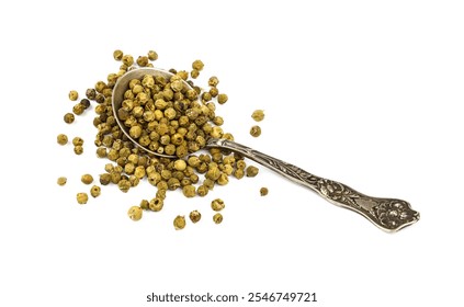 Close up one vintage metal spoon full of green pepper peppercorns and heap of peppercorns spilled and spread around isolated on white background, high angle view - Powered by Shutterstock