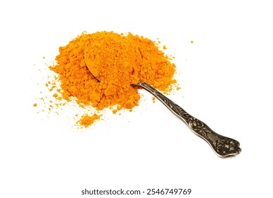 Close up one vintage metal spoon full of yellow turmeric spice powder spilled and spread around isolated on white background, high angle view - Powered by Shutterstock