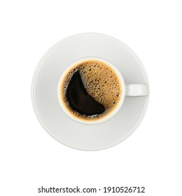 Close Up One White Cup Full Of Black Instant Coffee On Saucer Isolated On White Background, Elevated Top View, Directly Above