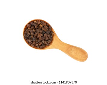 Close Up One Wooden Scoop Spoon Full Of Black Pepper Peppercorns Isolated On White Background, Elevated Top View, Directly Above