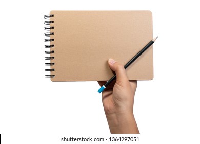 Close up open brown blank notebook and ring loop binding  Empty wire  o brown notebook holding hand   pencil for business   education for write   note 