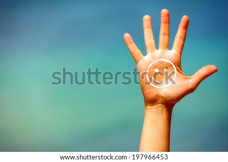 Image, Stock Photo open palm greeting sunlight. Hand in the air with soft light.
