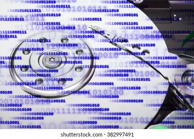 Close up of an opened hard disk with visible read head.