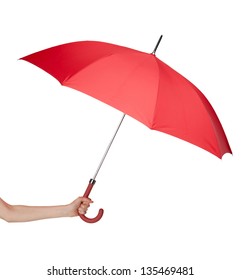 Close up of opened red umbrella in hand, isolated on white