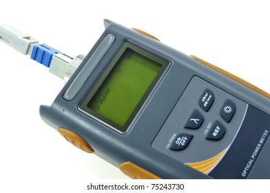 Close Up Of Optical Power Meter Isolated On White Background. This Equipment Used To Measure The Optical Loss For Internet Installation Using Fiber Optic Cable.