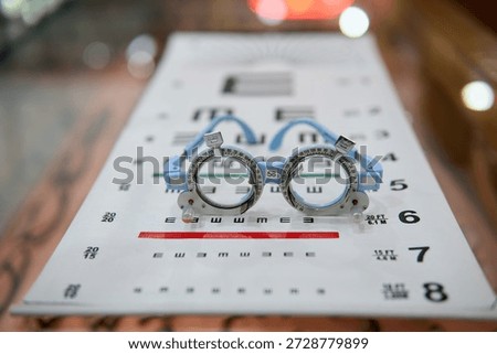 Close up of an optometry trial frame placed on an eye test chart with a colorful bokeh background. Concepts of vision testing, eye examination, ophthalmology, optician clinics, and eye care services.