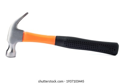 Close Up orange iron hammer with medium black rubber grip. It is a tool for nailing the roof. Isolated on white background. with clipping path. - Shutterstock ID 1937103445