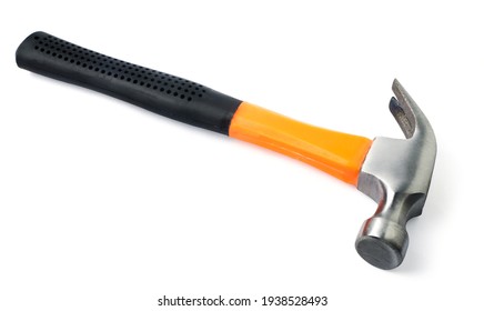 Close Up orange iron hammer with medium black rubber grip. It is a tool for nailing the roof. Isolated on white background. with clipping path.