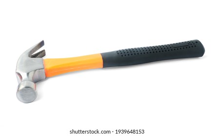 Close Up Orange Iron Hammer With Medium Black Rubber Grip. It Is A Tool For Nailing The Roof. Isolated On White Background. With Clipping Path.