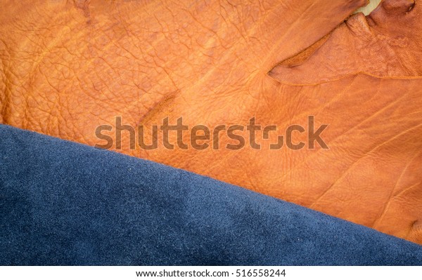 Close up\
orange rough edge and navy blue leather divide in two section,\
fashion texture background,fabric\
division
