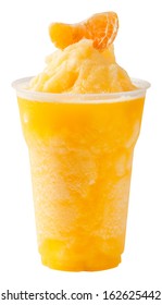 Close Up Orange Smoothie In Plastic Cup Isolated On White - With Path