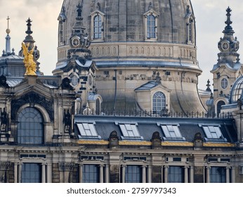 Close ornamental rooftop study with tiled roofs and sculpted balustrades, focus on textures and smallscale
