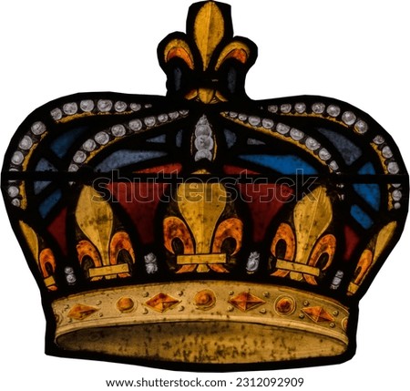 Close up of ornate crown decorated with gold fleur de lys in stained glass panel detail. Isolated on white, clipping path