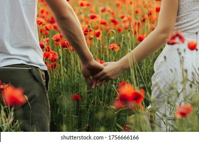 Close up outdoor portrait of couple holding hands in the red poppy field. Love - romantic couple holding hands. . Young woman and man in love walking hand in hand on field.