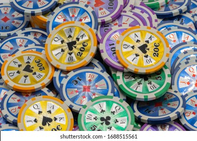 Close Overhead View Of A Mountain Of Poker Chips