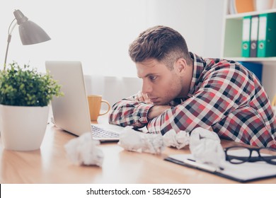 Close Up Of Overworked Young Man Having No Idea How To Create New Project