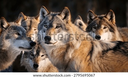 A close up of pack of Grey Wolves