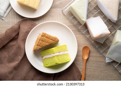 Close Up Pandan And Coconut Chiffon Cake On White Plate.Top View