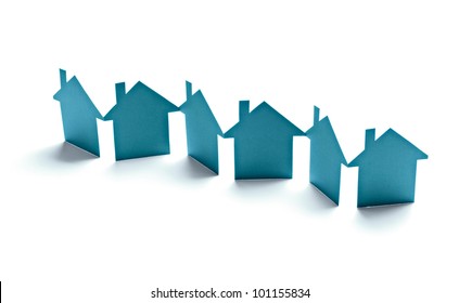 close up of  paper houses on white background