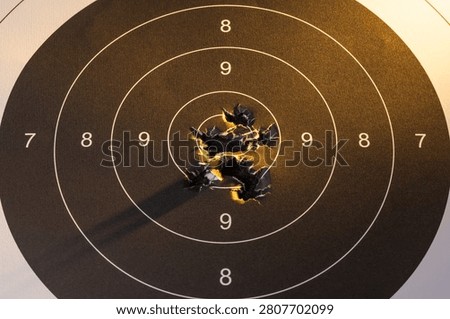 Close up of paper shooting target with multiple bullet holes in the bullseye center, concept for accuracy success perfection and achieving business goals.