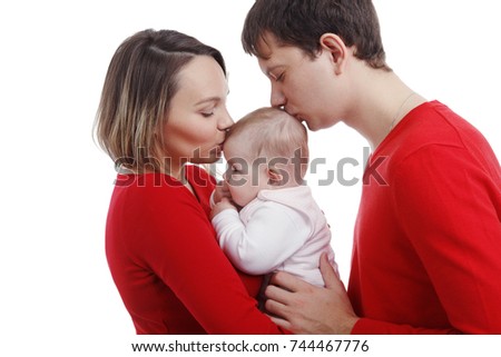 Close up of parents cuddling adorable baby. Image isolated against white background
