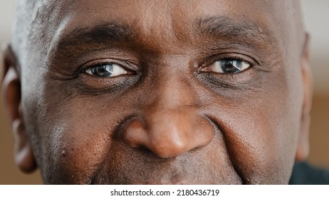 Close up part male face happy elderly African American man smiling with friendly dark black eyes. Handsome mature senior citizen with wrinkles looking blink wink with eye friendly eyesight good vision - Powered by Shutterstock