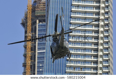 Close passing by chopper during trip to Dubai city.