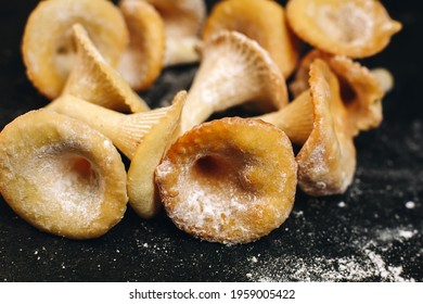 Close Up Pastry Biscuits, Cookies In Mushroom Shape With Sugar Powder On Grey Table, Weird Shaped Sweet Dessert Food