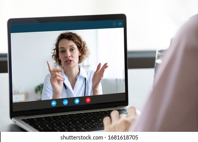 Close up of patient talk on video call with female doctor or nurse with internet wireless communication, person speak consult online with physician using virtual webcam conference on computer - Shutterstock ID 1681618705