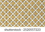 Close up pattern of rattan weaving texture, detail handcraft bamboo synthetic straw background. Geometric beige and white wicker basketwork seamless pattern with repeating straight lines background.