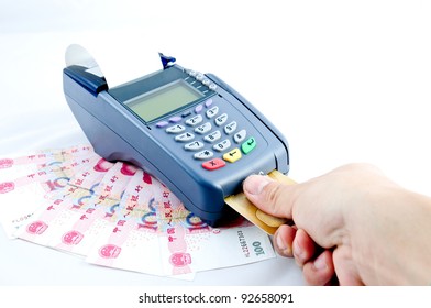 Close up Payment machine on during using Credit card from customer in shopping mall