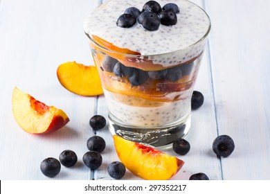 Close Up Of  Peach, Blueberry Chia Seed Parfait.