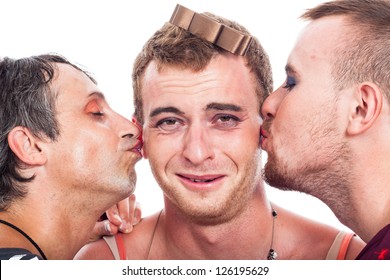 Close Up Of People Kissing, Isolated On White Background.