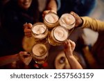 Close up of people toasting with beer glasses.