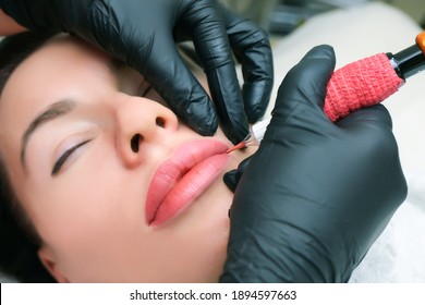 Close Up Of Permanent Lip Makeup. Lip Tattoo. Beautiful Lips