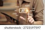 Close up of person using virtual interface for language translation, featuring English, Chinese, Japanese, and more. Ideal for global business, education, and AI linguistic tools.
