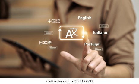 Close up of person using virtual interface for language translation, featuring English, Chinese, Japanese, and more. Ideal for global business, education, and AI linguistic tools.