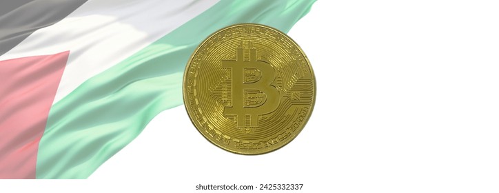 Close Up photo 21:9 of bitcoin coin against the background of the Palestine flag. Banner for website, desktop wallpaper, copy space for text and advertising, blank, empty, white, free space