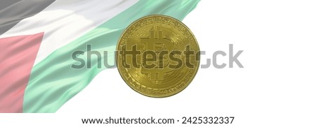 Close Up photo 21:9 of bitcoin coin against the background of the Palestine flag. Banner for website, desktop wallpaper, copy space for text and advertising, blank, empty, white, free space