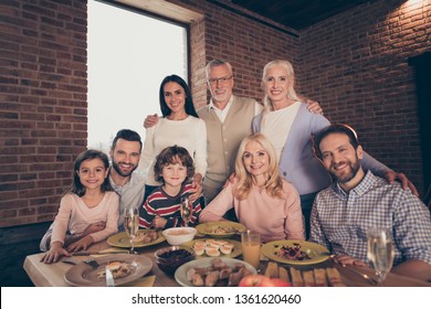 Close Up Photo Adorable Affectionate People Big Family Funny Company Brother Sister Granny Mom Grandpa Son Daughter Dad Father Sit Close Festive Holiday Tasty Eat Dishes Table Loft House Indoors